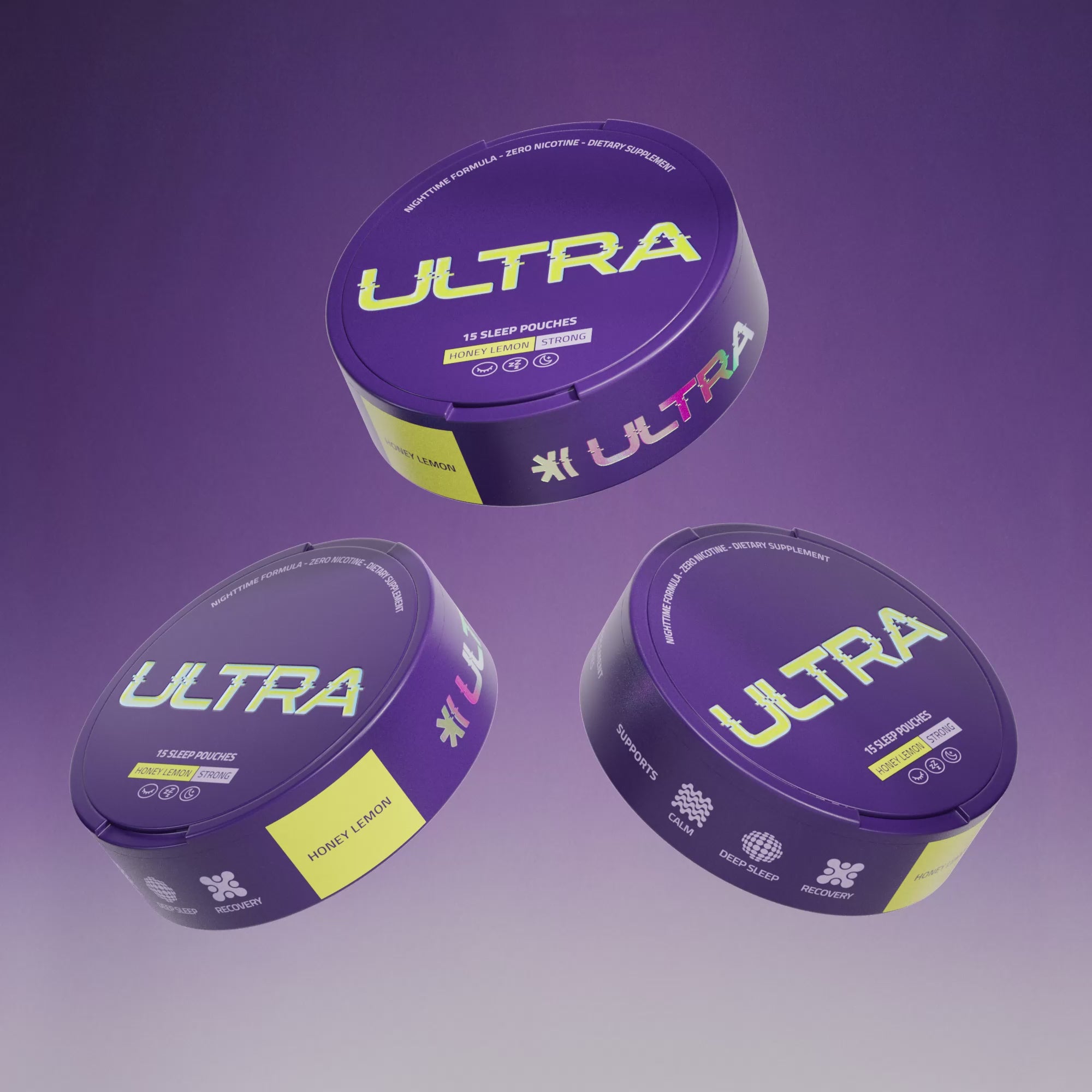 Three floating tins of Ultra Sleep Pouches
