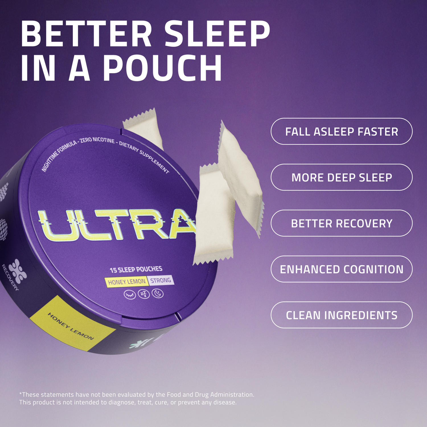 Angled Ultra sleep canister and two pouches, Honey Lemon flavor, with headline Better Sleep In A Pouch on purple background